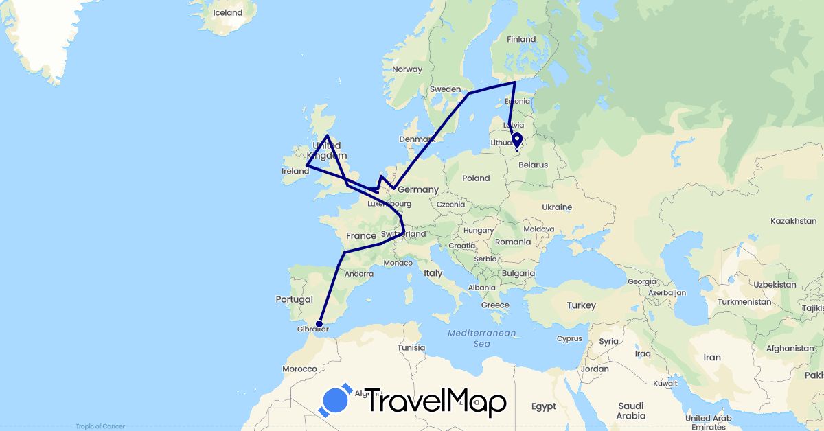 TravelMap itinerary: driving in Belgium, Switzerland, Germany, Denmark, Estonia, Spain, Finland, France, United Kingdom, Ireland, Lithuania, Luxembourg, Latvia, Netherlands, Sweden (Europe)